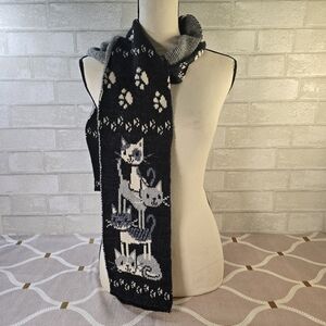 Knit Skinny Scarf Cat Paw Prints Recycled Cotton Blend Black & White ~ Green 3